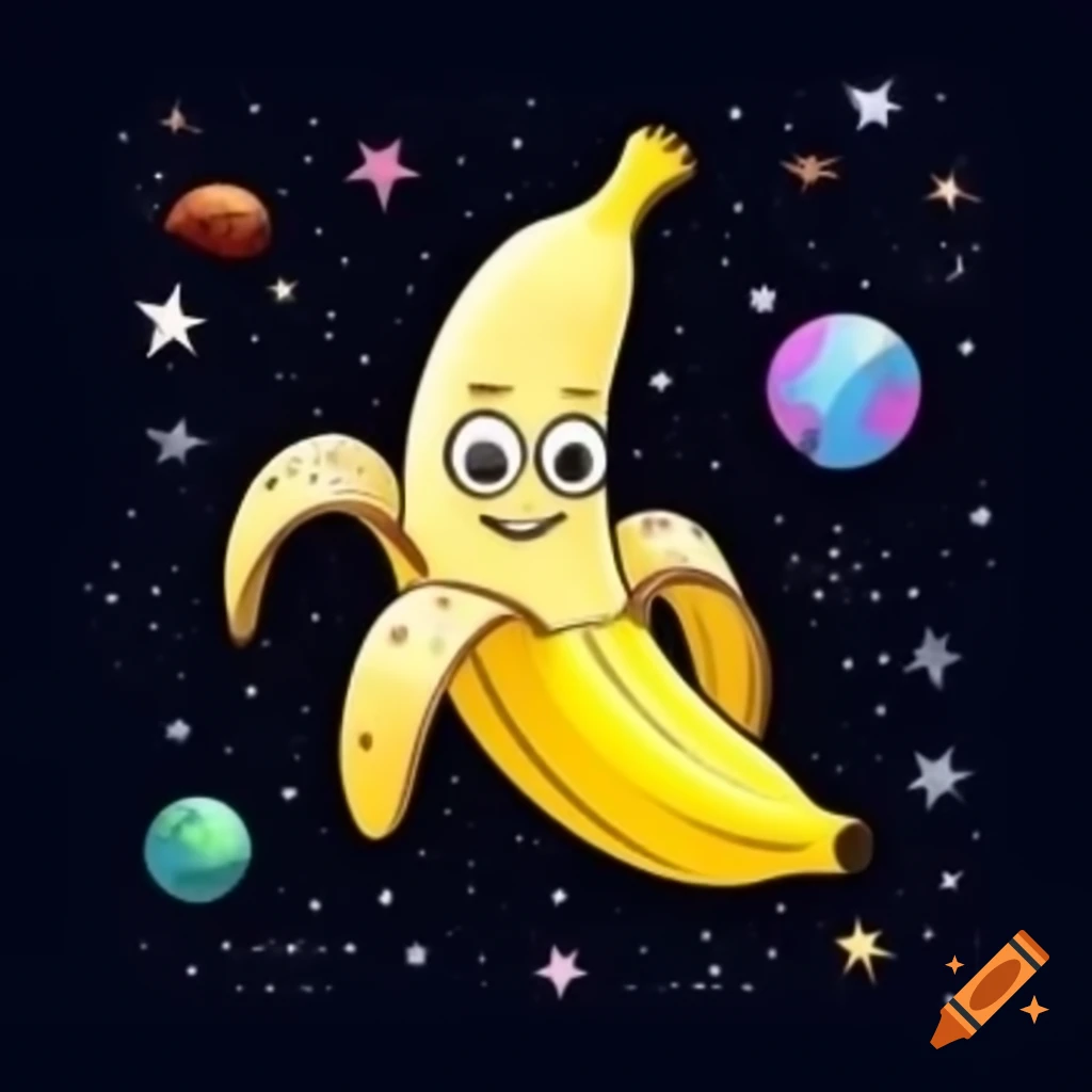 Humorous illustration of a banana in outer space