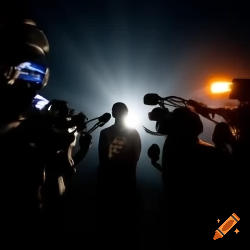 Reporters illuminated by floodlights capturing a moment with flashes and microphones