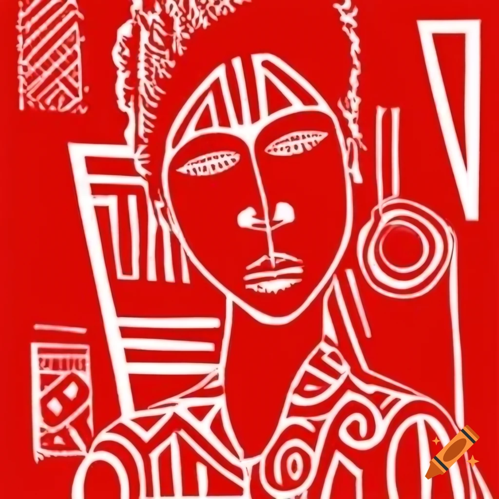 Abstract linocut featuring African figure with geometric forms in Modigliani style