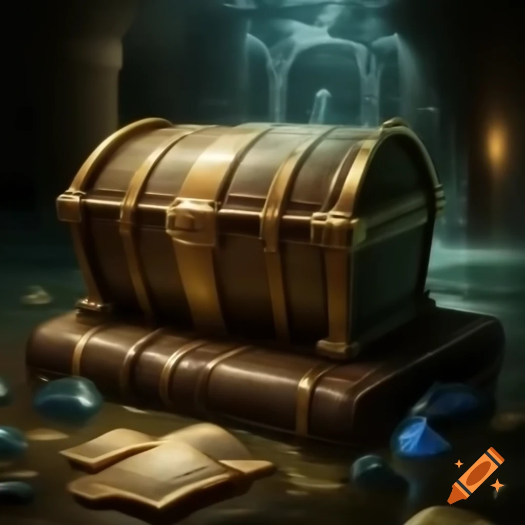 Ancient treasure chamber with giant book on stone slab, filled with ...