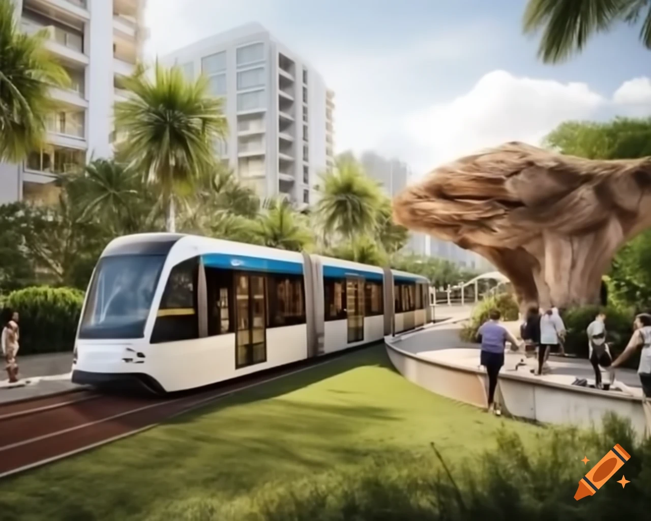 Naturalistic Utopian streetscape with Polynesian architecture and modern tram