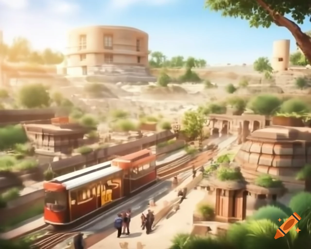 Utopian streetscape with mesoamerican architecture and eco-friendly tram