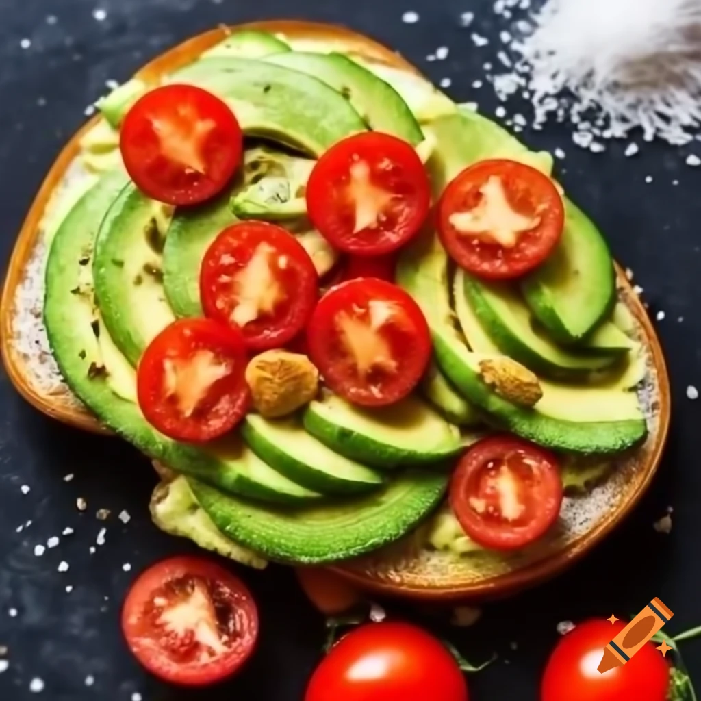 Luxurious avocado toast with tomatoes, olive oil, and seasoning