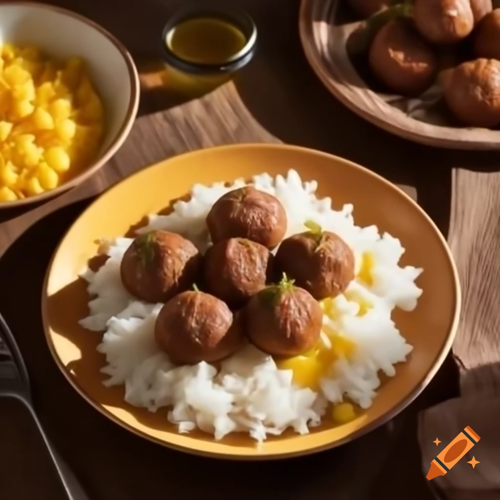 Plate of Italian meatballs on white rice with buttered corn