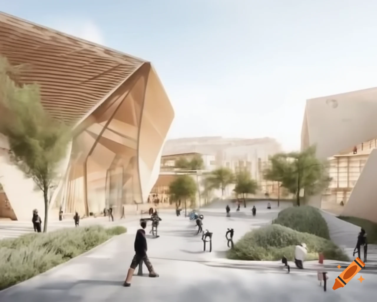 Utopian megacity streetscape with Rapa Nui architecture and eco-friendly design
