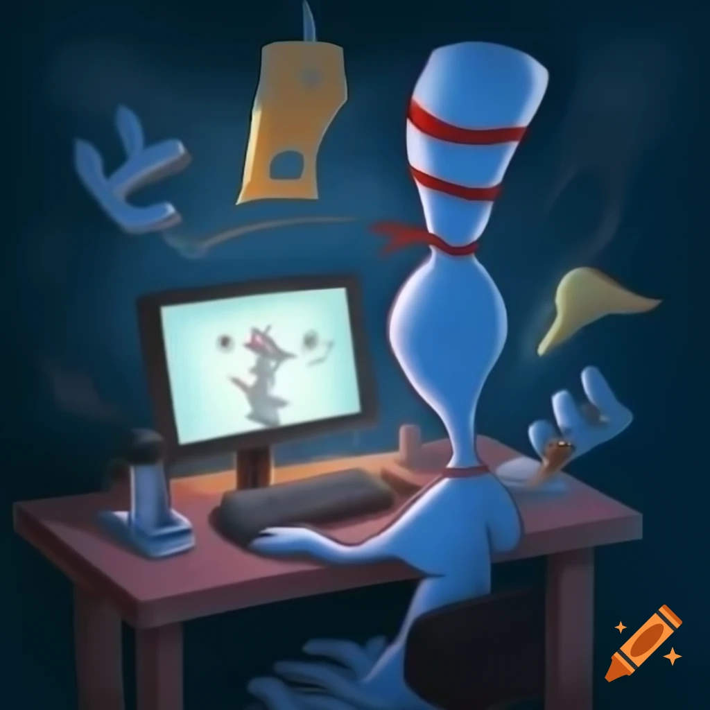 Whimsical computer scene with people, inspired by dr. seuss style on ...