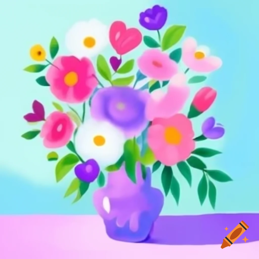 Vase of colorful flowers with love hearts and pastel background, beginner painting
