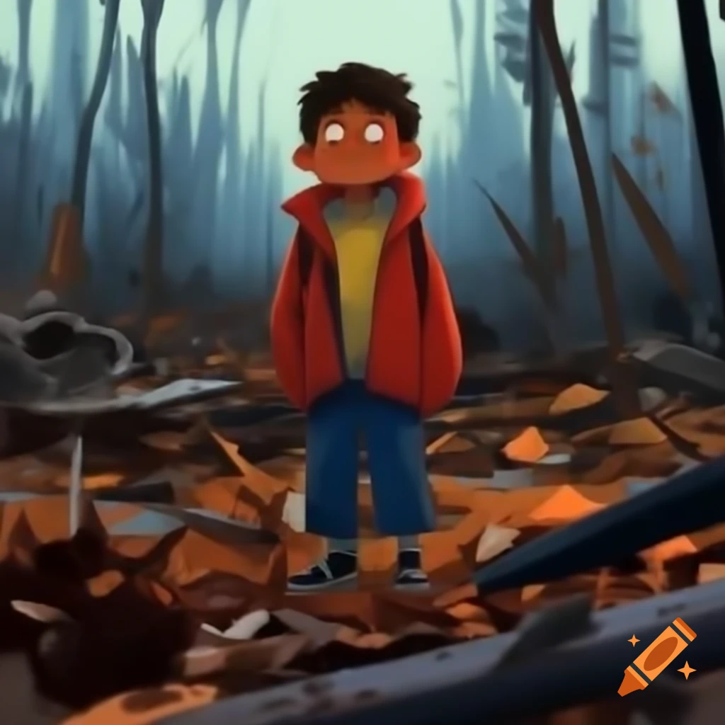 Sad boy standing in fallen leaves during autumn
