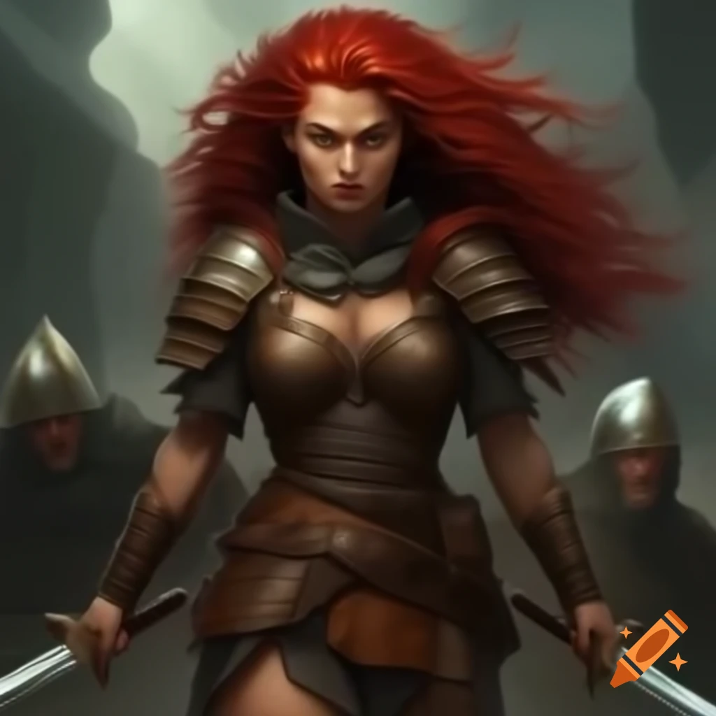 Red headed female warrior in leather armor with silver sword on Craiyon