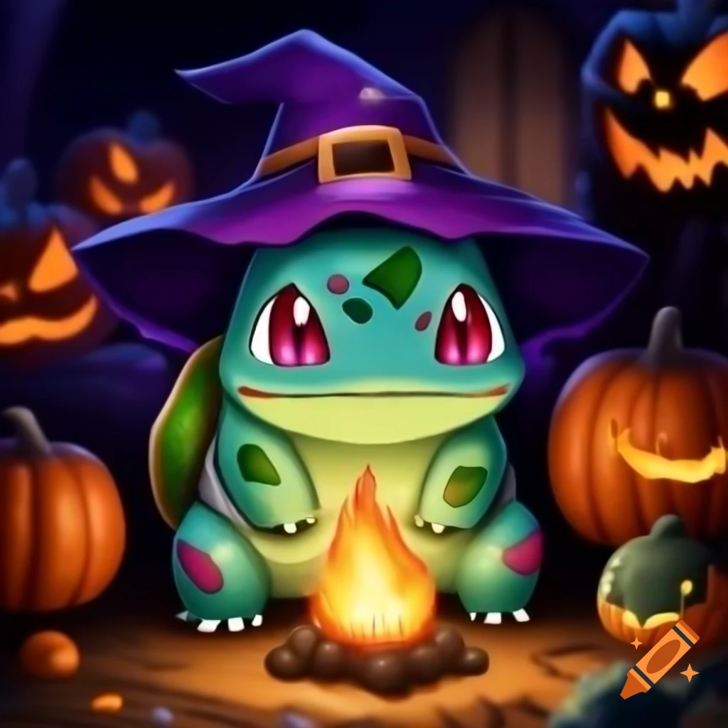 Bulbasaur wearing witch hat by campfire with pumpkins and purple aura ...