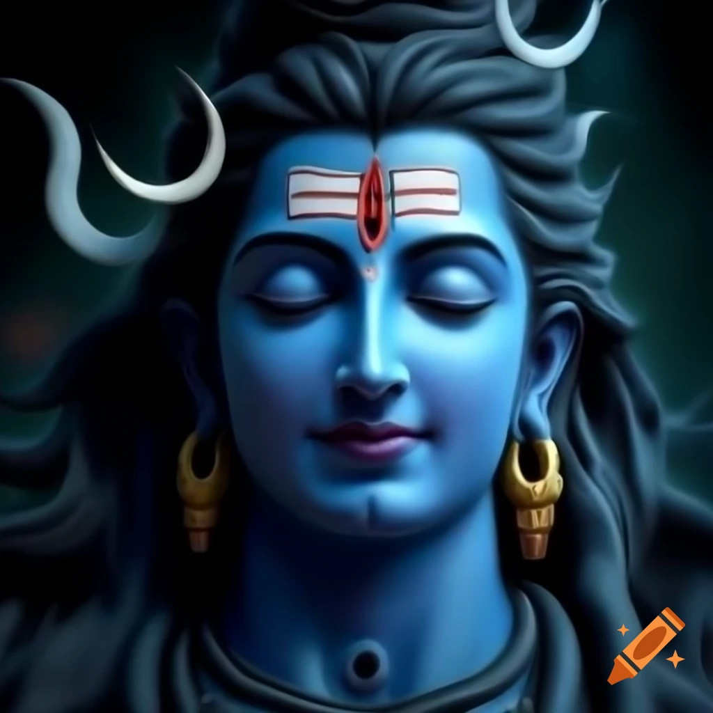 Half-portrait of Hindu deity Lord Shiva with a calm expression and divine aura