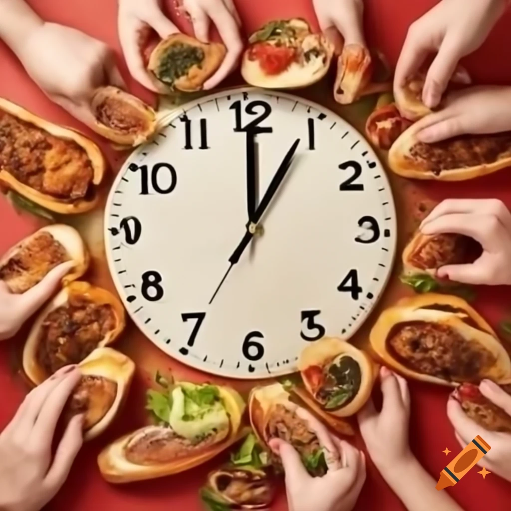 Clock surrounded by complex carbohydrates indicating meal time