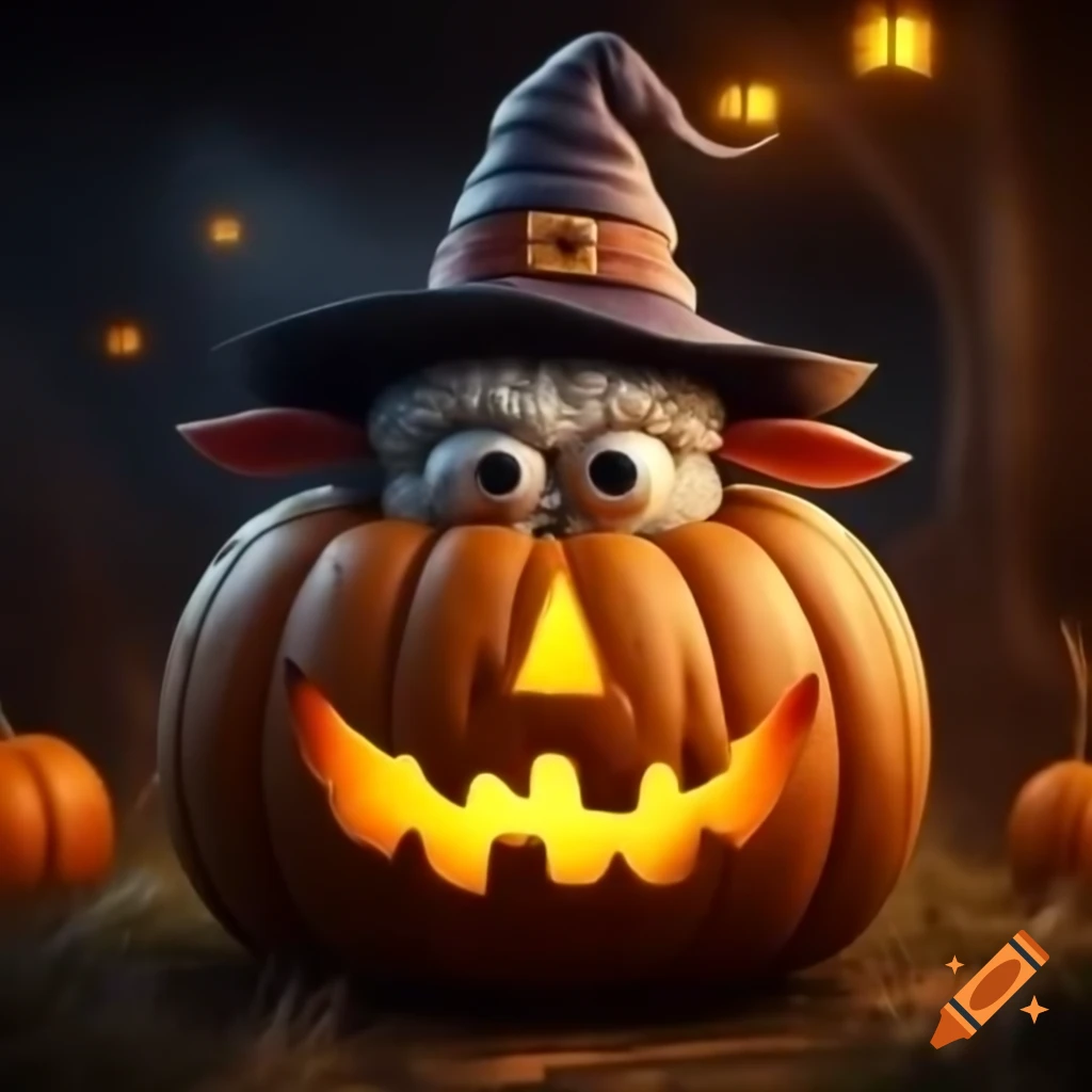 Mischievous sheep in witch's hat with pumpkin under harvest moon