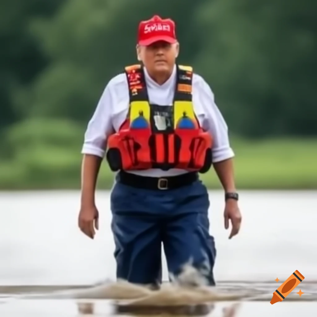 Donald Trump in rescue gear wading through flood water