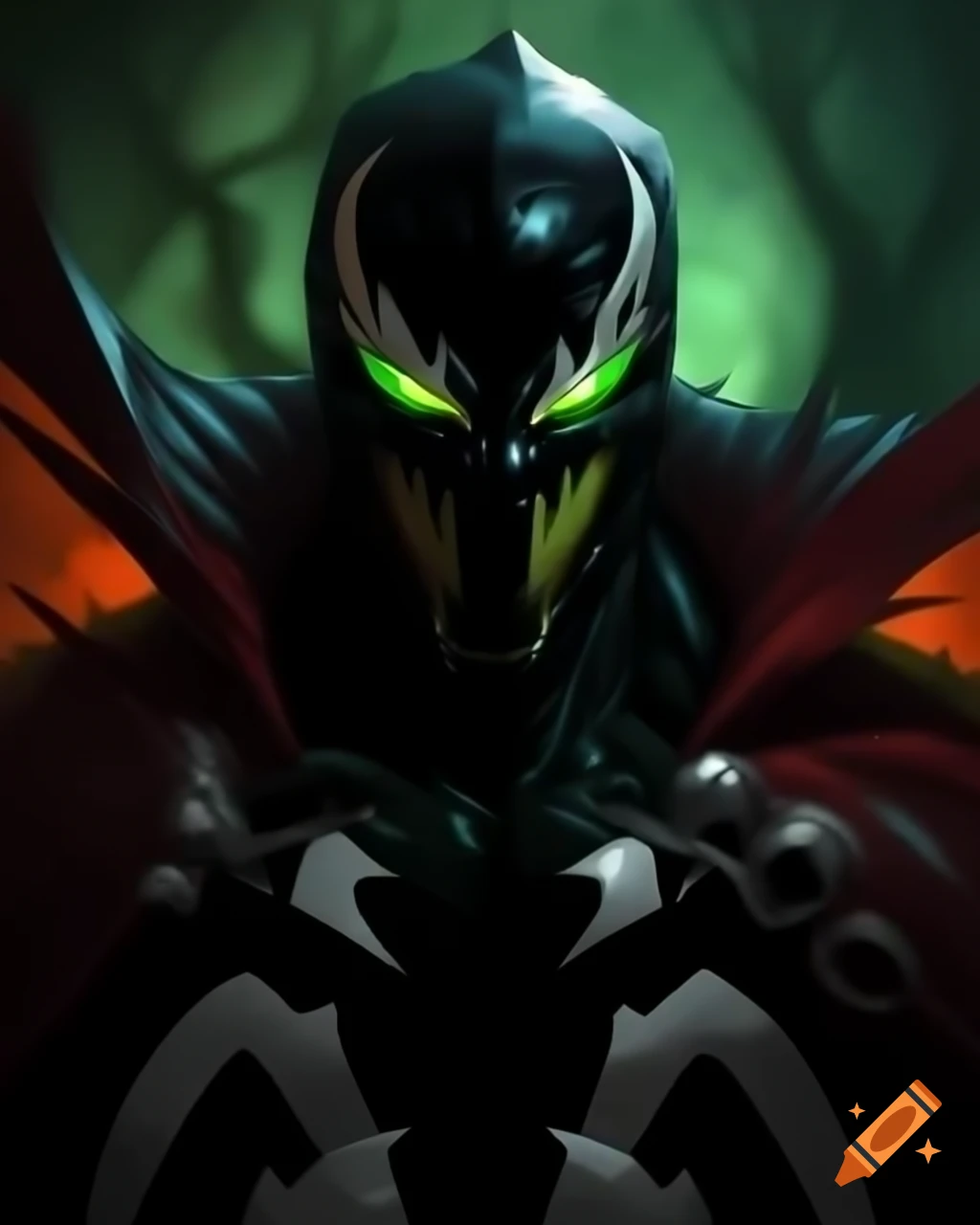 Todd mcfarlane's spawn lurking in shadows with glowing green eyes on ...