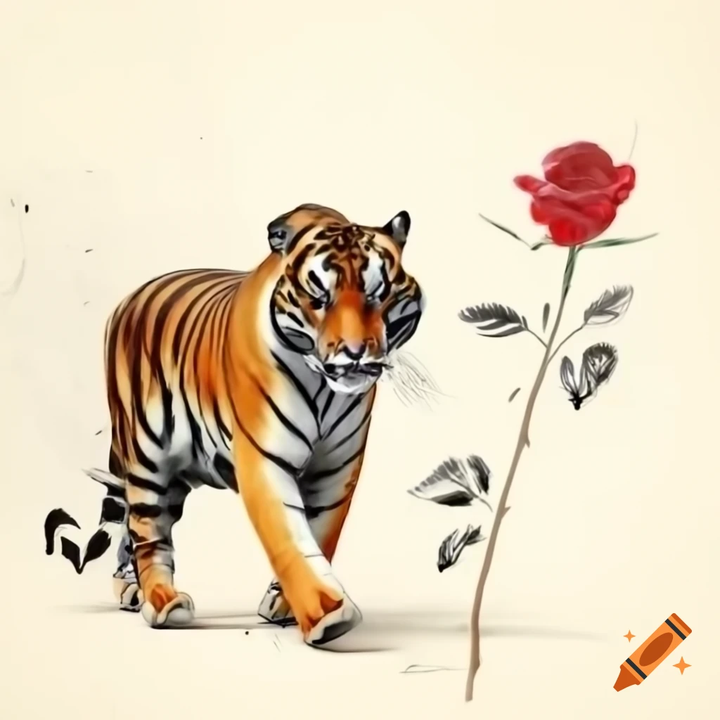 Tiger walking towards viewer with rose in foreground, ink sketch style