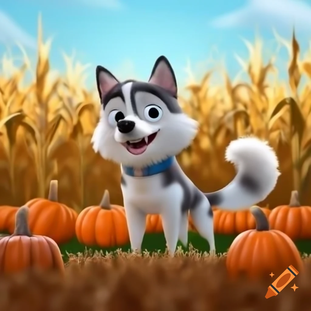 Pomsky puppy in Pixar style in cornfield with pumpkins