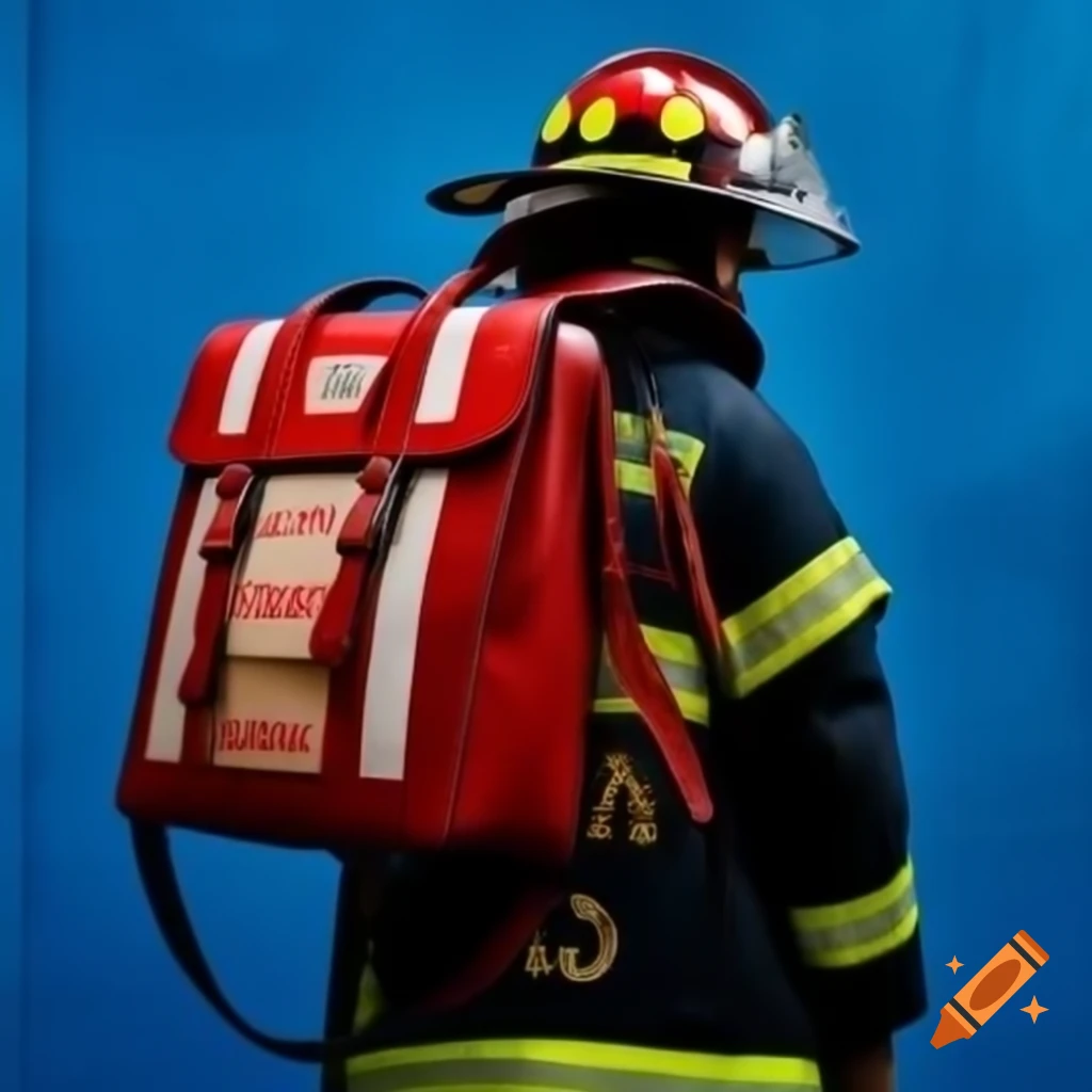 Firefighter seen from behind with a satchel against a blue background