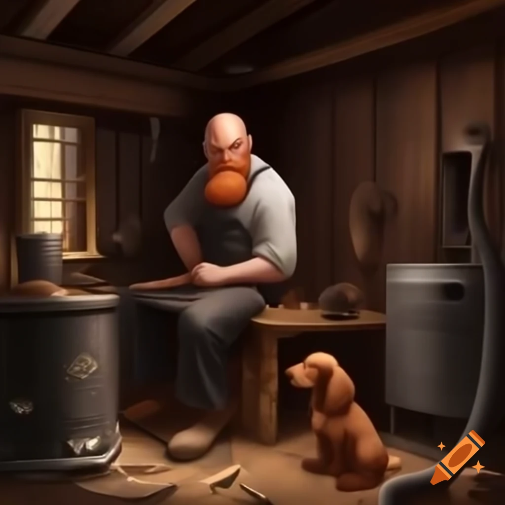 Craftsman making knife in shed with cocker spaniel watching