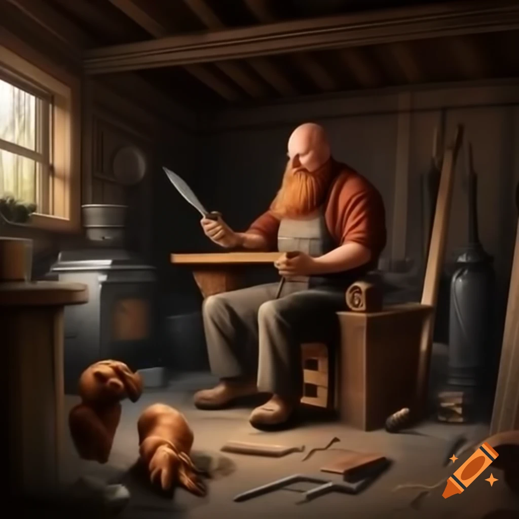 Craftsman making knife in shed with cocker spaniel watching