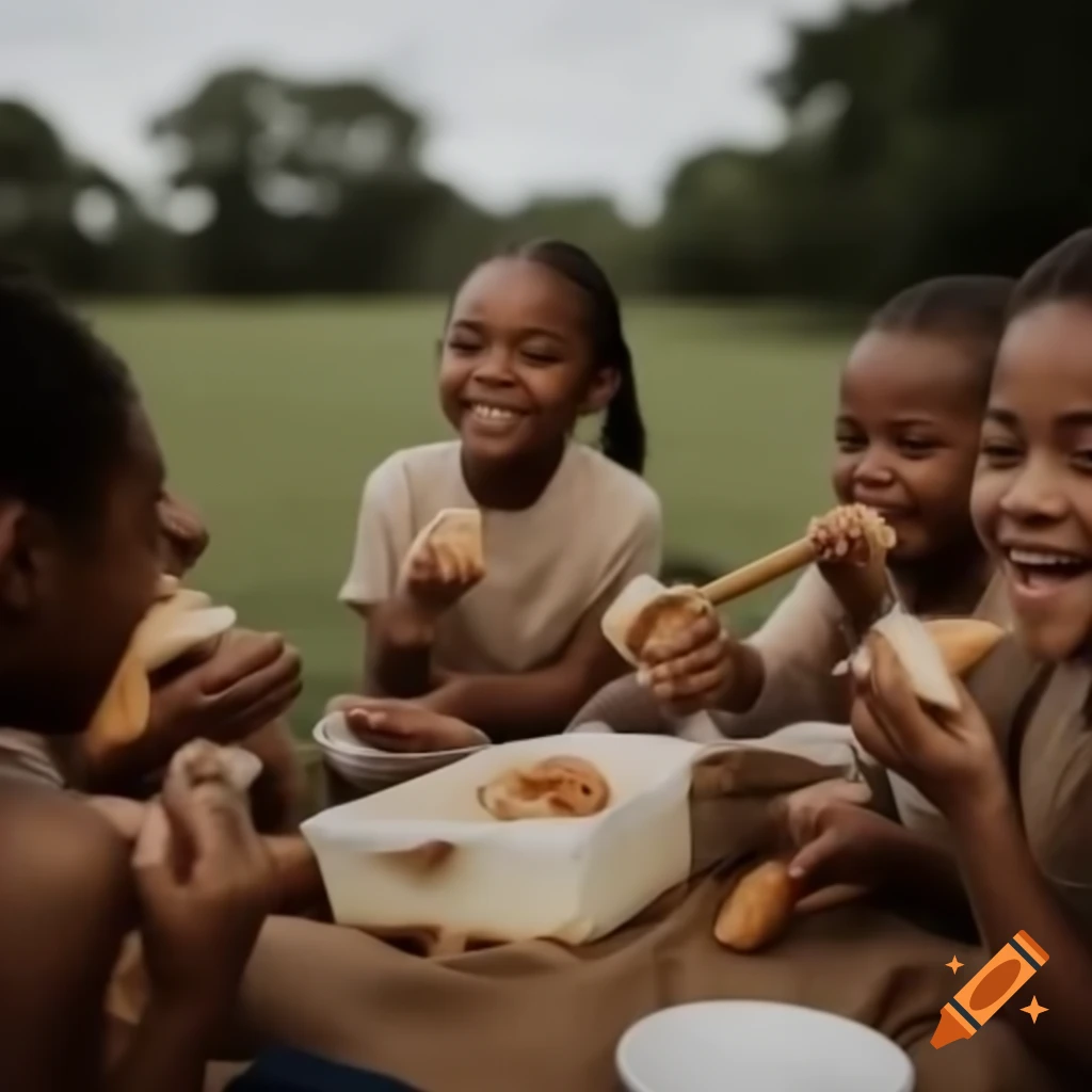Children enjoying a picnic with food outdoors