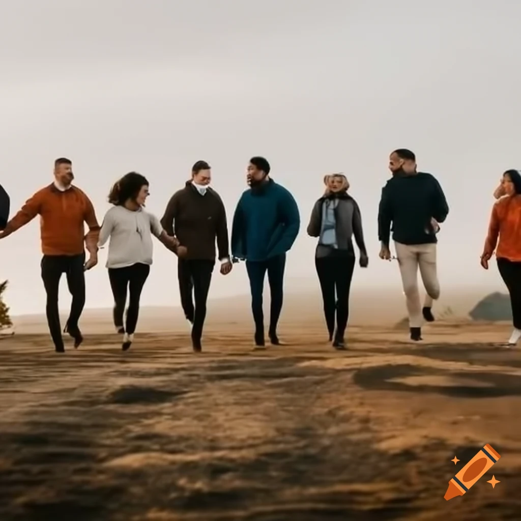 Group of ten happy adults walking towards the viewer