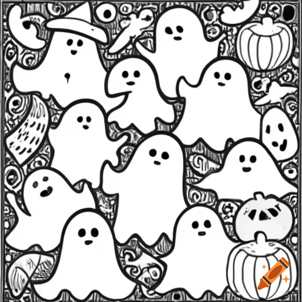 Cute black and white Halloween party illustration with ghosts and friends in doodle style