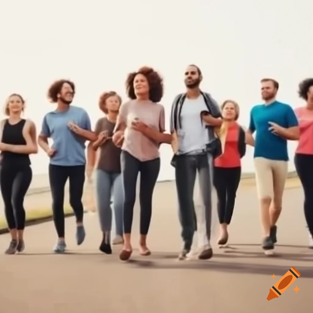 Group of ten happy adults walking towards the viewer
