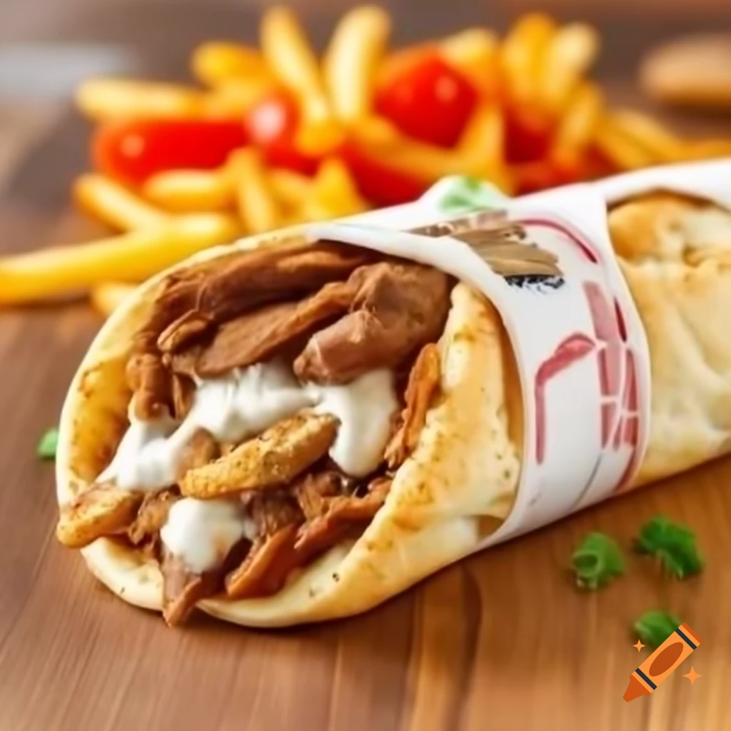 Beef donner shawarma wrapped in Lebanese bread with tahini, fries, and lettuce