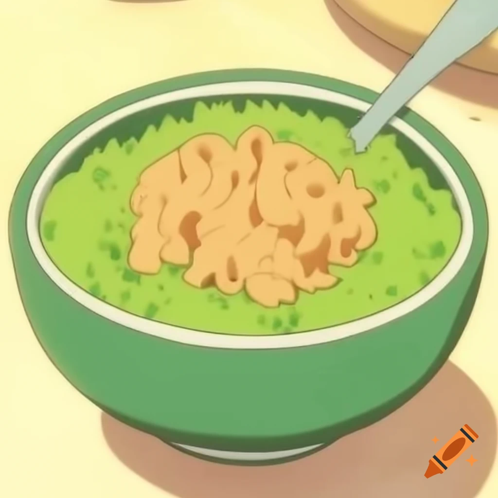 Green rice porridge topped with shredded chicken