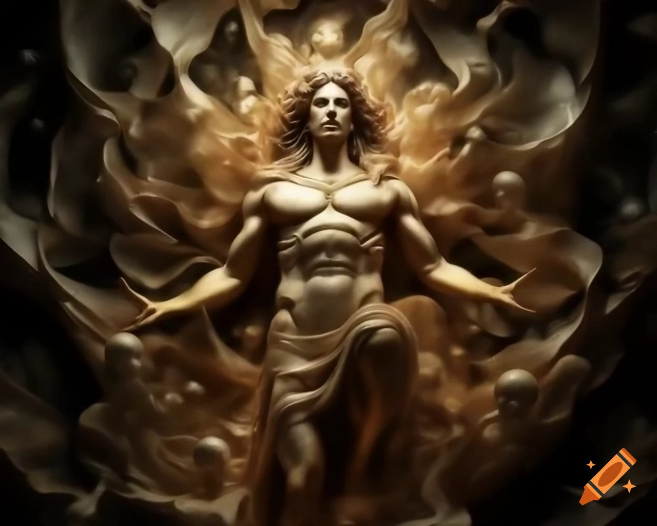Life-sized gold sculpture of a Greek god radiating power and mythology ...