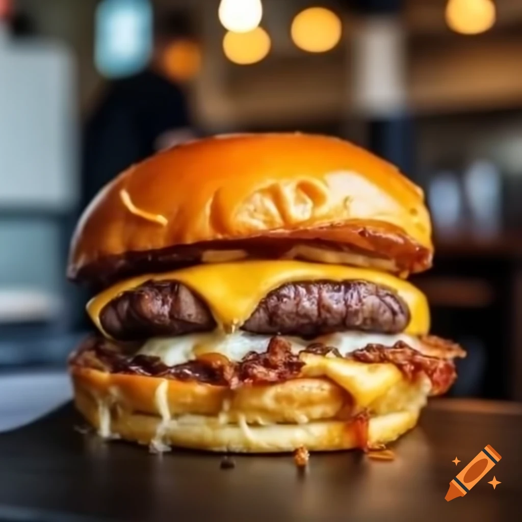 Close-up of gourmet hamburger with cheese, bacon, and caramelized onions