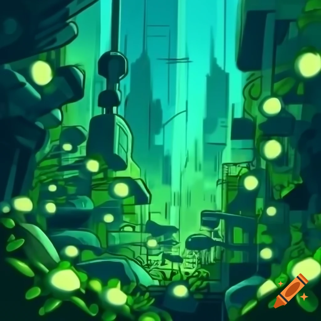 Futuristic city adorned with glowing green flowers on Craiyon