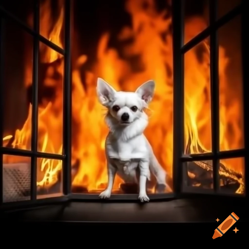 White chihuahua in a burning building, highlighting danger