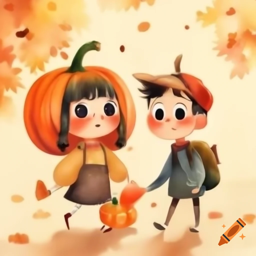 Watercolor illustration of girl and boy pumpkins holding hands in autumn