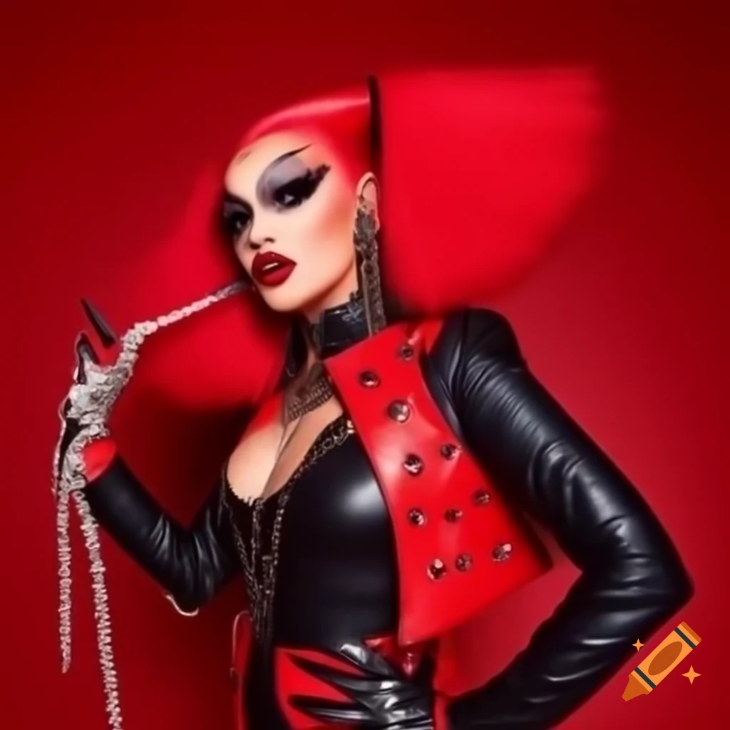 Vibrant red leather jumpsuit with metallic studs worn by a drag queen