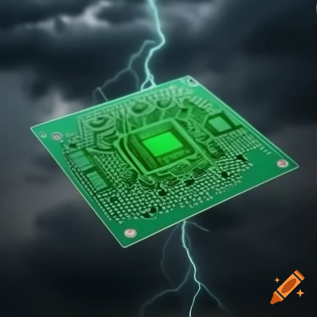Green circuit board surrounded by electric storm