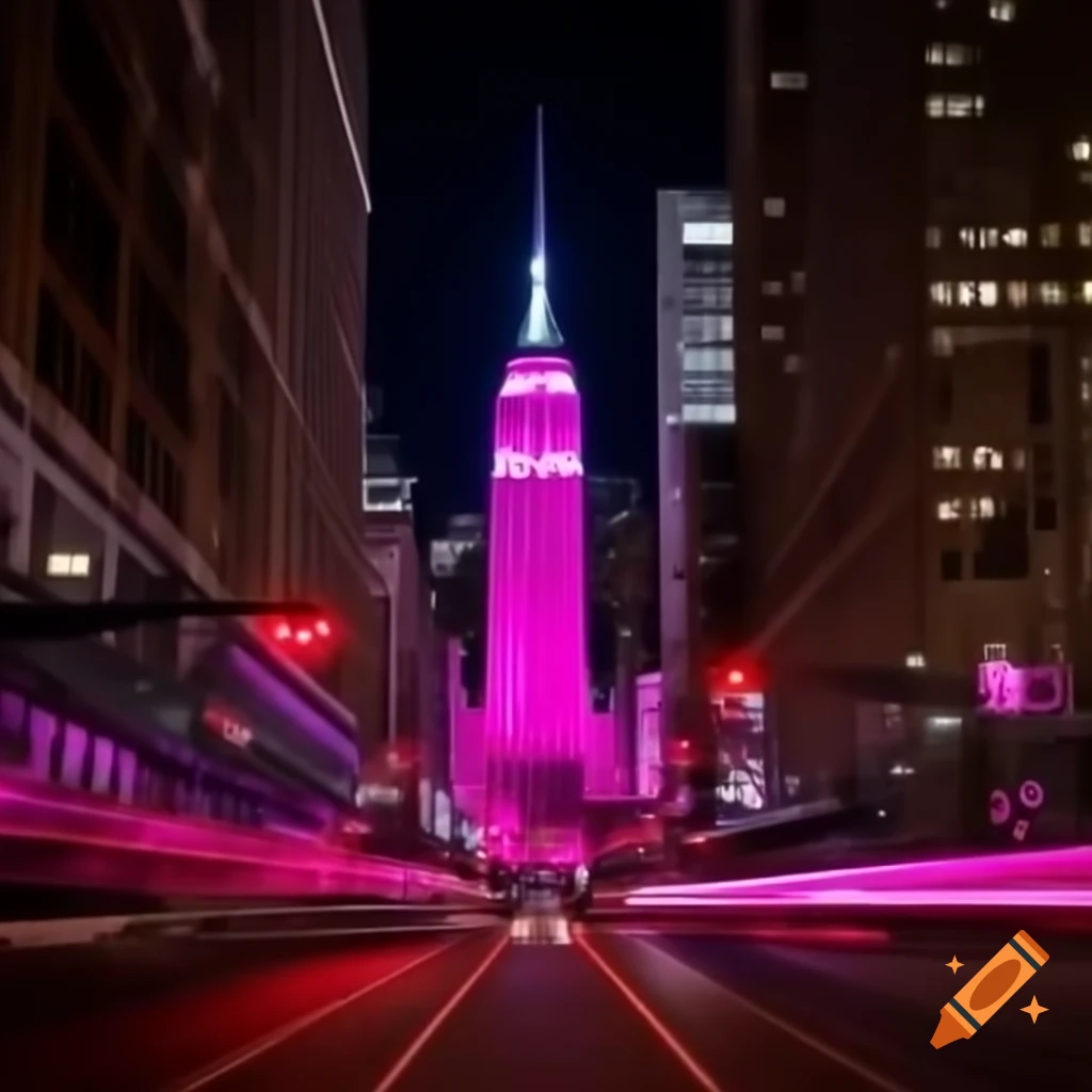 New York City skyline illuminated with pink LED lights at night
