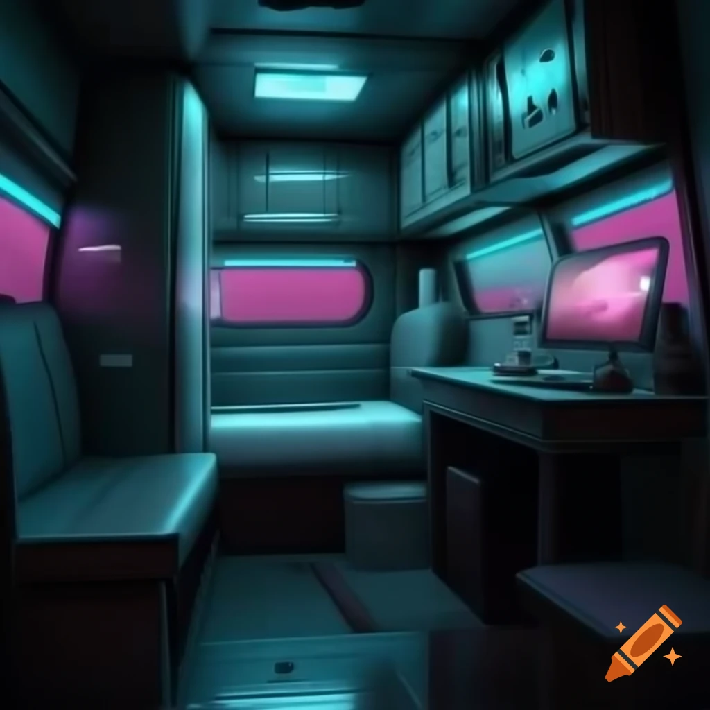 Cyberpunk style rv interior with advanced tech and amenities on Craiyon
