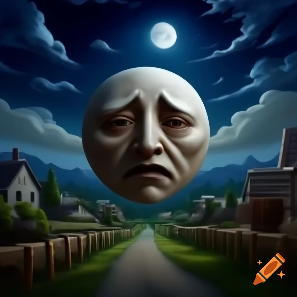 Hyper-realistic moon with sadistic face overlooking country