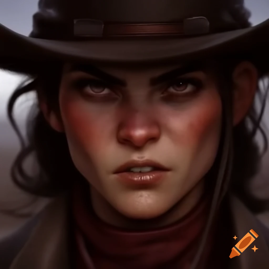 Feminine cowboy with intense stare and big grin
