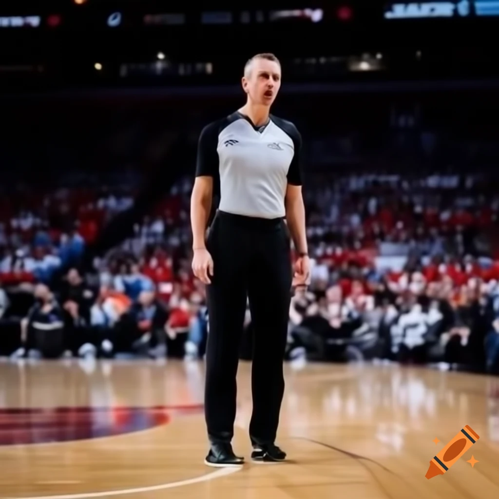 Three young athletic basketball referees in grey shirts and black trousers