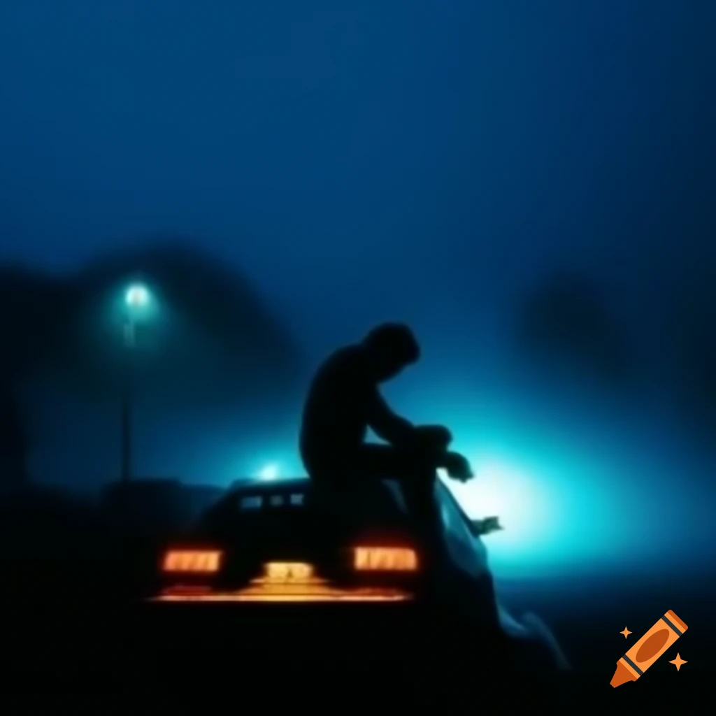 Silhouette of a man sitting on car trunk in blue fog at night