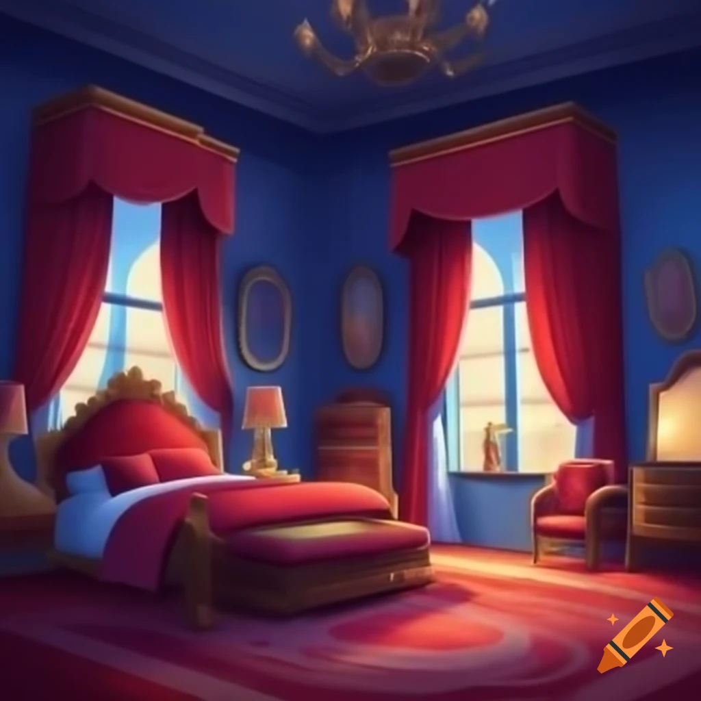 Cartoon luxury palace bedroom in cinematic style on Craiyon, image size:1024x1024