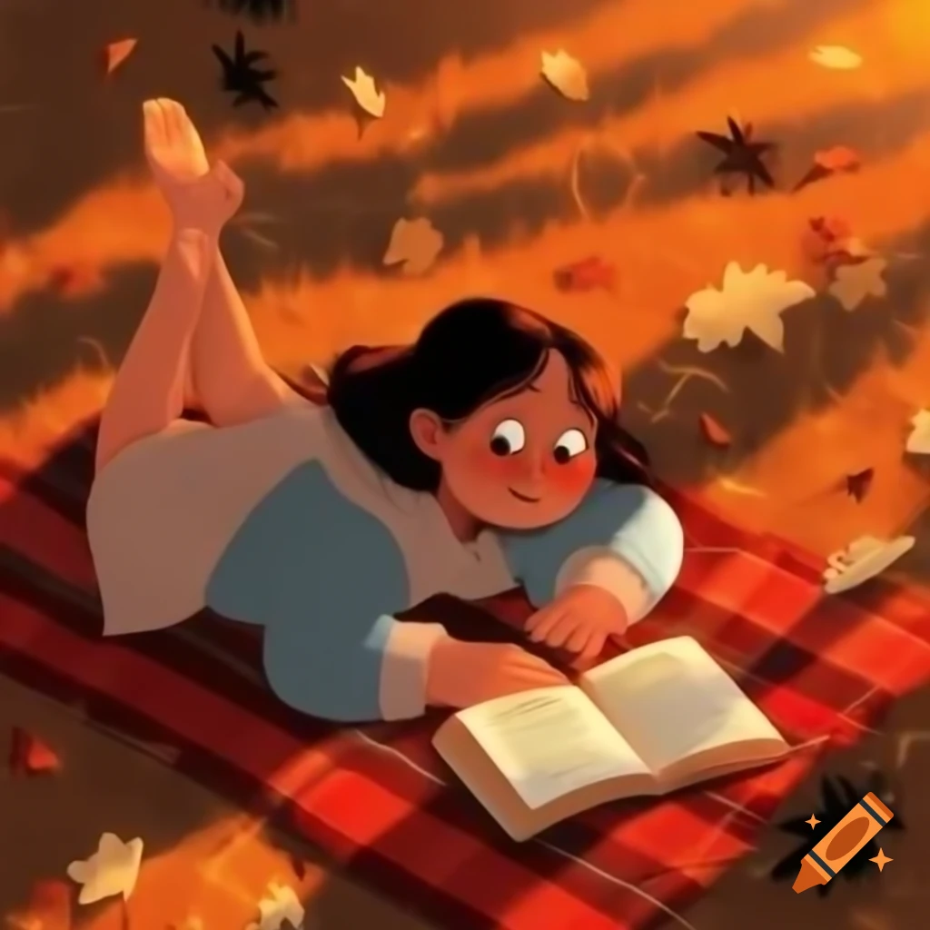 Young lady reading books on a blanket in autumn setting