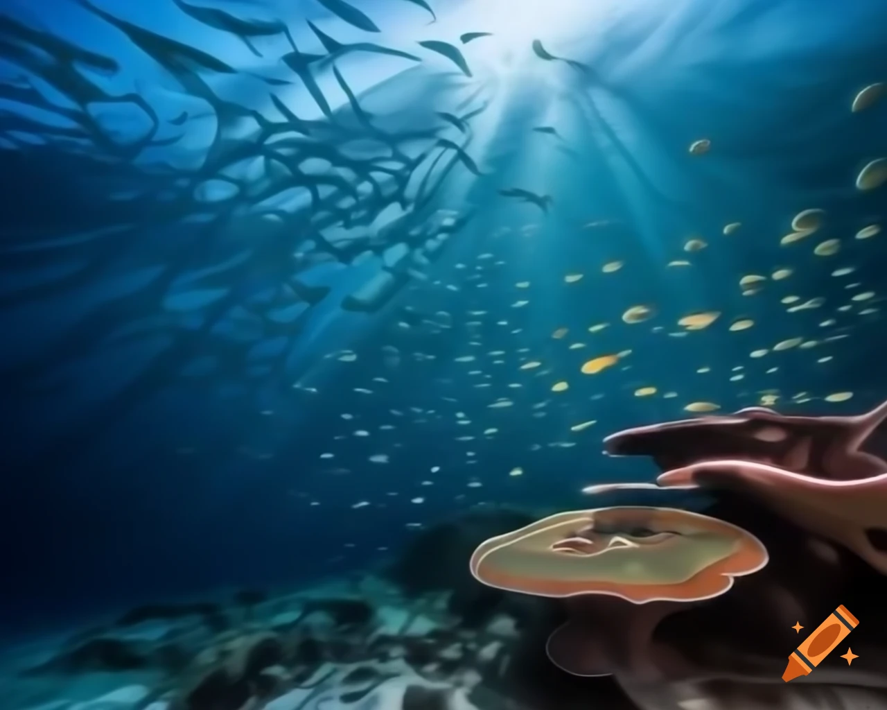 Mystical underwater saltwater mountain lake with colorful fish and coral
