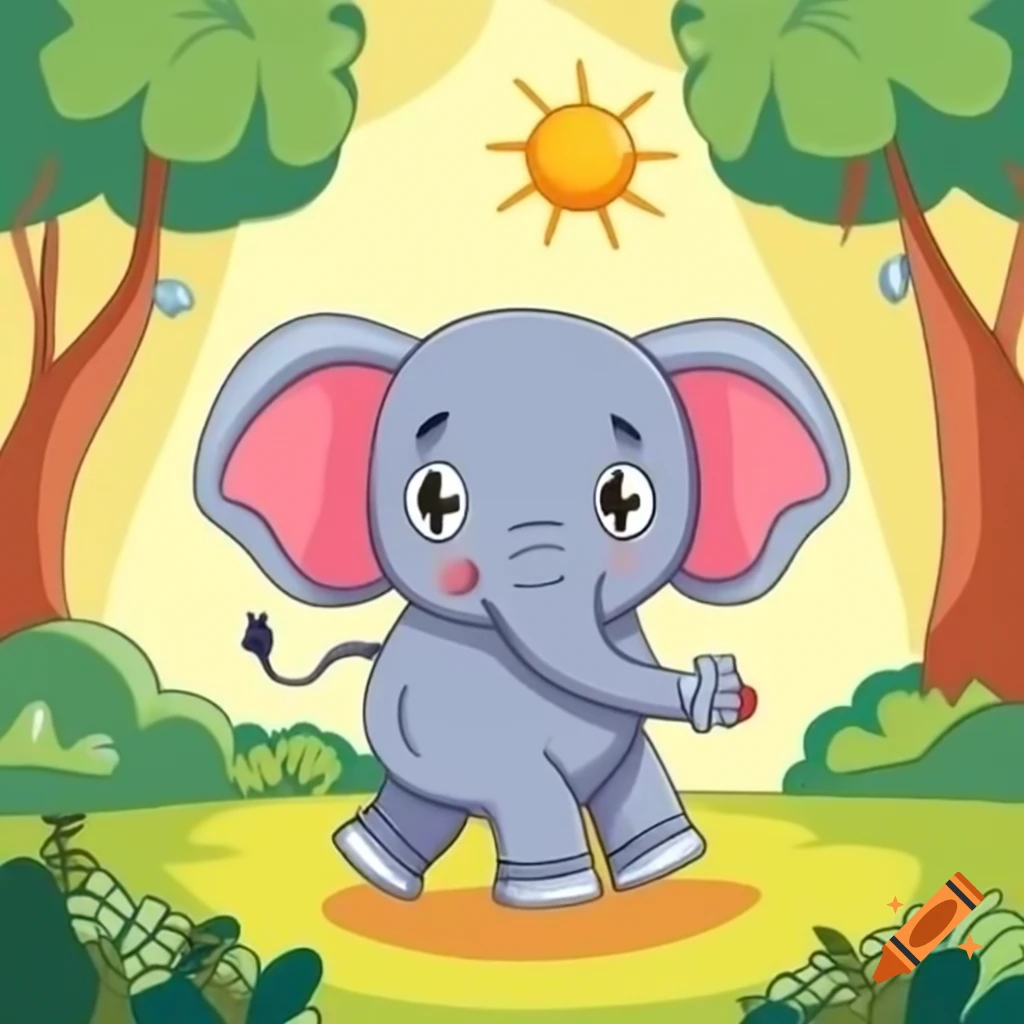 Eli the friendly elephant walking through sun-dappled forest while scared cat hides under bush