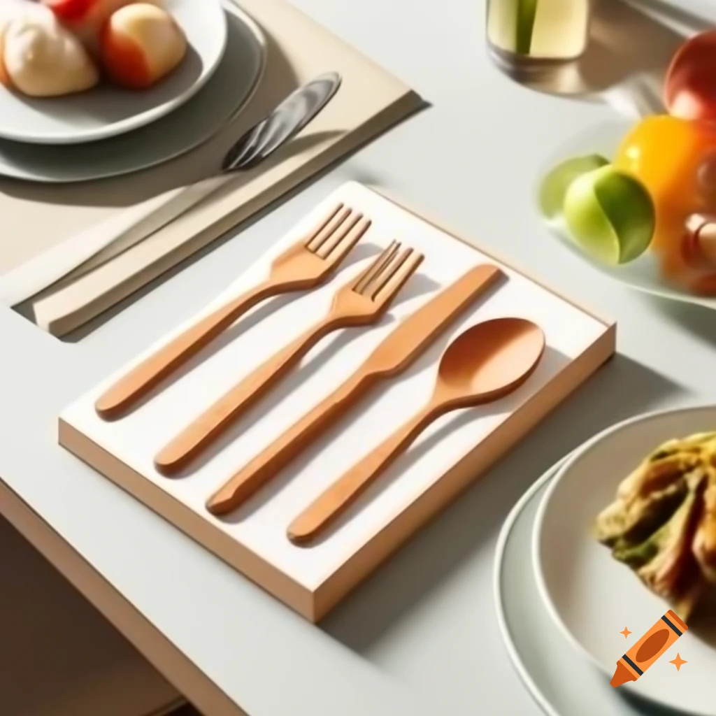 Eco-friendly wooden cutlery in modern table setting with fresh food