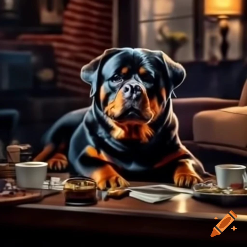 Sad rottweiler lounging on couch in dimly lit living room with brick ...