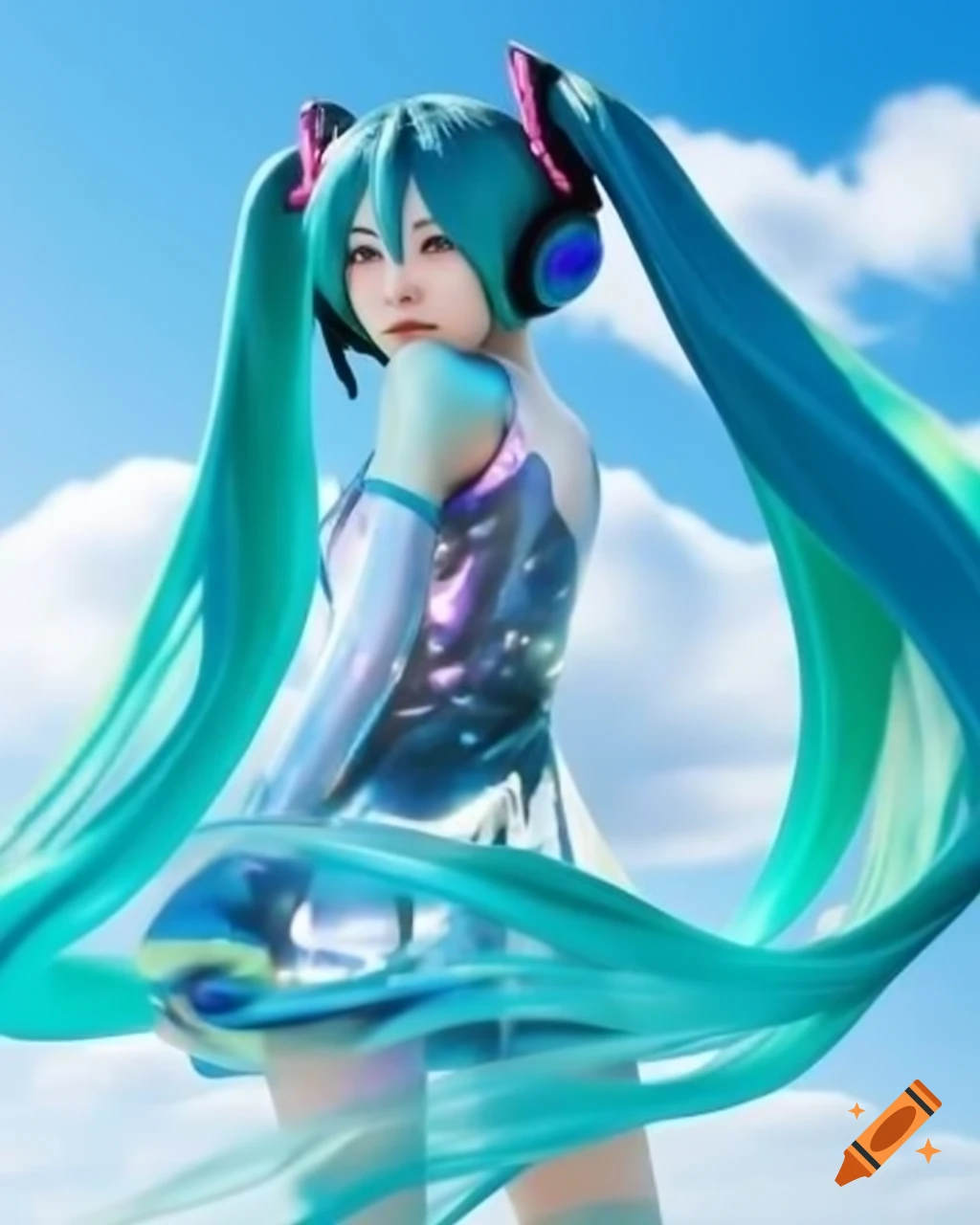 Iridescent glass statue of Hatsune Miku in pop surreal photography style